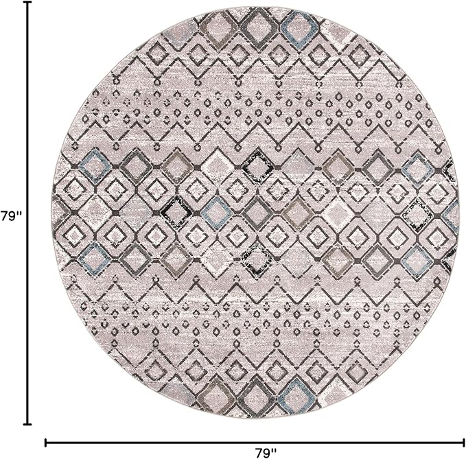SAFAVIEH Amsterdam Collection Area Rug - 6'7" Round, Light Grey & Brown, Moroccan Boho Design, Non-Shedding & Easy Care, Ideal for High Traffic Areas in Living Room, Bedroom (AMS108F)