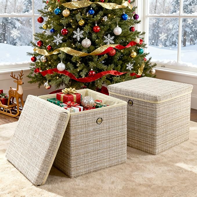 modscape 4-Pack 12"x12" Fabric Cube Storage Bin with Lid, Foldable Collapsible Fabric Storage Bins for Clothes Toys, Sturdy Storage Cube for Bedroom Closet Shelves Home Organization (Shining Beige 4)