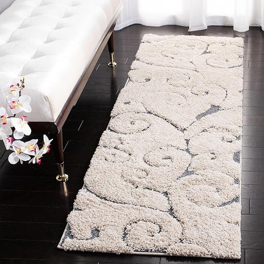 SAFAVIEH Florida Shag Collection Runner Rug - 2'3" x 13', Beige & Blue Grey, Scroll Design, Non-Shedding & Easy to Clean, High-Low Plush Pile, Ideal for Bedroom, Foyer, Hallway (SG455-1155)