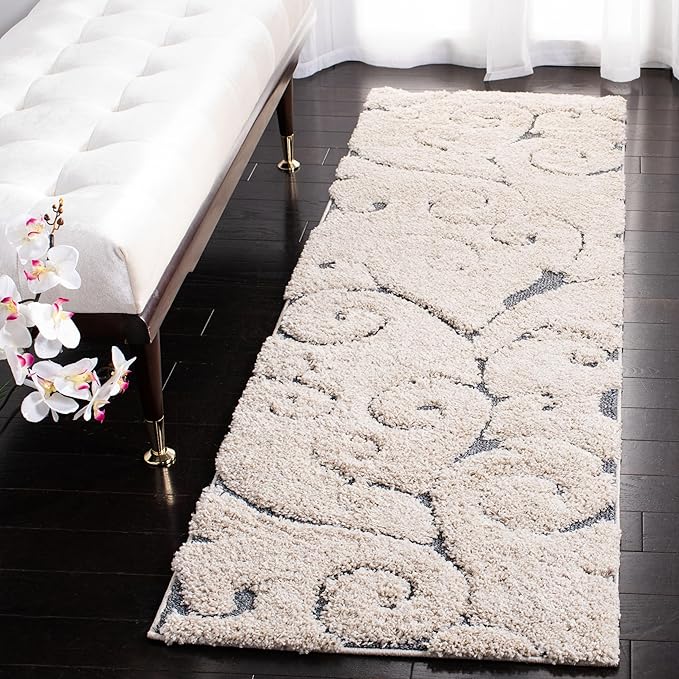 SAFAVIEH Florida Shag Collection Runner Rug - 2'3" x 15', Beige & Blue Grey, Scroll Design, Non-Shedding & Easy to Clean, High-Low Plush Pile, Ideal for Bedroom, Foyer, Hallway (SG455-1155)