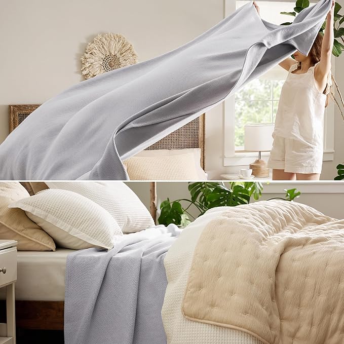 Bedsure GentleSoft 100% Cotton Large Blanket Oversized King for Bed 120x94 inches - Breathable Soft Cozy Herringbone Woven Blanket for Summer Spring, Couch Cover, Cool Grey