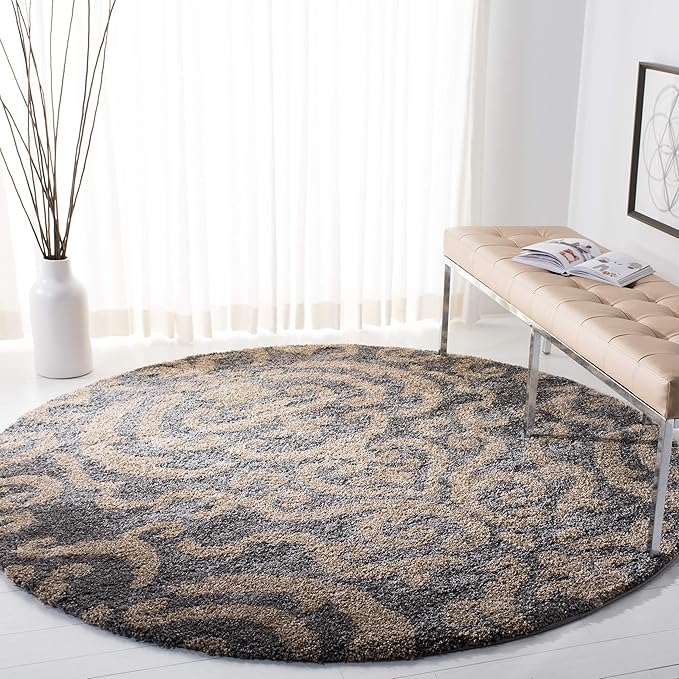SAFAVIEH Florida Shag Collection 4' Round Grey/Beige SG462 Damask Non-Shedding Living Room Bedroom Dining Room Entryway Plush 1.2-inch Thick Area Rug