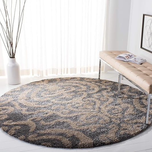 SAFAVIEH Florida Shag Collection 4' Round Grey/Beige SG462 Damask Non-Shedding Living Room Bedroom Dining Room Entryway Plush 1.2-inch Thick Area Rug