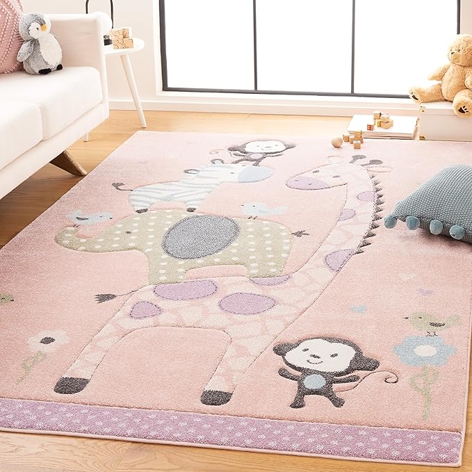 SAFAVIEH Carousel Kids Collection Area Rug - 9' x 12', Blush Pink, Animal Design, Non-Shedding & Easy Care, Ideal for High Traffic Areas for Boys & Girls in Playroom, Nursery, Bedroom (CRK120U)