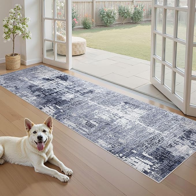 Washable Runner Rug for Hallway: 2x6 Neutral Modern Abstract Low Pile Area Rug with Non-Slip Backing - Carpet for Bedroom Kitchen Laundry Entryway Bathroom Indoor - Navy Blue