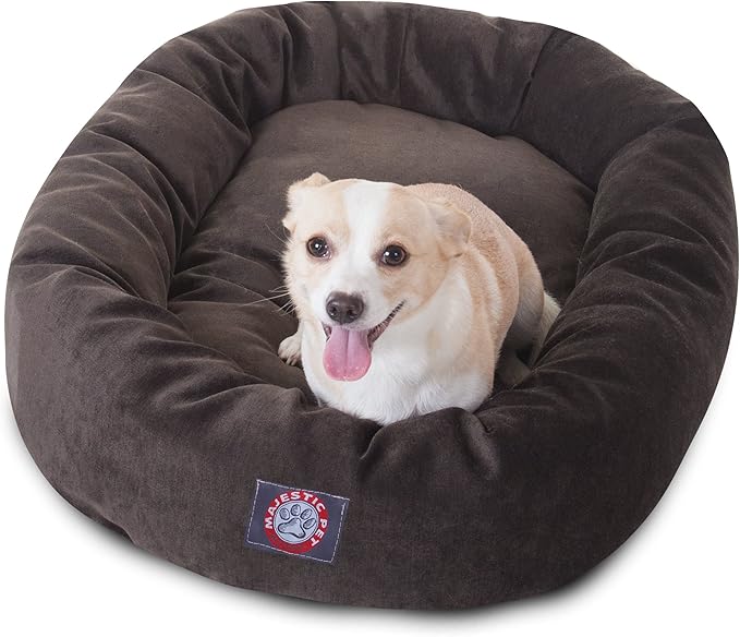 Majestic Pet 32 Inch Micro Velvet Calming Dog Bed Washable – Cozy Soft Round Dog Bed with Spine for Head Support - Fluffy Donut Puppy Mat 32x23x7 (inch) Medium - Storm (2025)