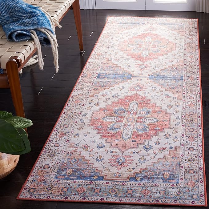 SAFAVIEH Washable Rug Tucson Collection - 2'6" x 12' Runner, Beige & Blue, Slip Resistant & Easy to Clean, Ideal for Living Room, Bedroom, Dining Space (TSN109B)