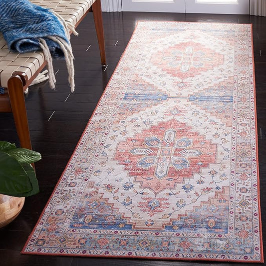 SAFAVIEH Washable Rug Tucson Collection - 2'6' x 6' Runner, Beige & Blue, Slip Resistant & Easy to Clean, Ideal for Hallway, Foyer, Entryway, Bedroom (TSN109B)