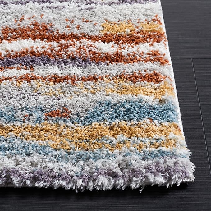 SAFAVIEH Berber Shag Collection Area Rug - 7' Square, Blue Rust & Ivory, Stripe Design, Non-Shedding & Easy Care, 1.25-inch Thick Ideal for High Traffic Areas in Living Room, Bedroom (BER565A)