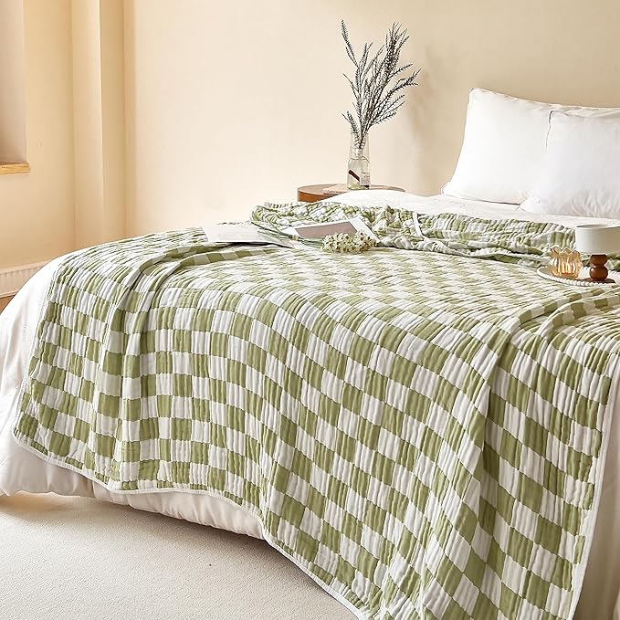 SANACYNA Muslin Throw Blanket 100% Cotton Green Grid Cooling Blanket 6-Layer Gauze Lightweight Soft Breathable Blanket for Sofa Couch Birthday Gifts for Daughter (Green Checkerboard, Throw 50"x60")