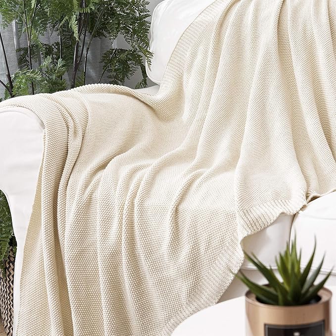 Longhui bedding Cream Cotton Cable Knit Throw Blanket for Couch Sofa Bed, Home Decorative Throw Blanket for Couch, Lightweight Woven Throw Blankets with Bonus Laundering Bag, 3.4 Pounds 60 x 80 Beige