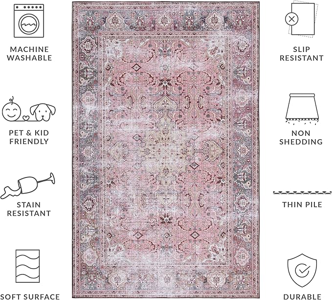 SAFAVIEH Washable Rug Tucson Collection - 3' x 5', Pink & Beige, Slip Resistant & Easy to Clean, Ideal for Foyer, Entryway, Kitchen, Bedroom (TSN144U)