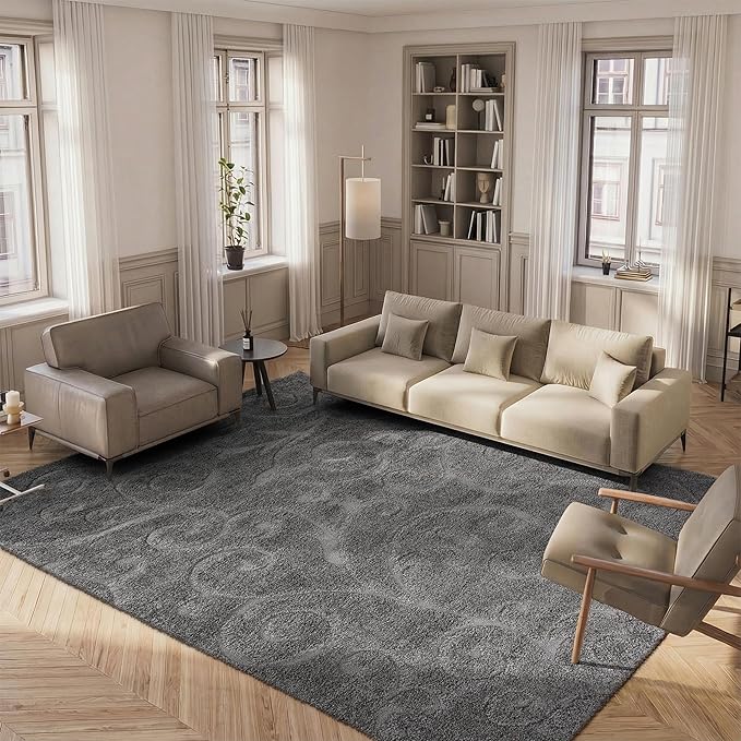 SAFAVIEH Area Rug 8x10 - Florida Shag Collection - Large - Grey, Scroll Design, Non-Shedding & Easy to Clean, High-Low Plush Pile, Ideal for Living Room, Bedroom, Dining Space (SG455013)