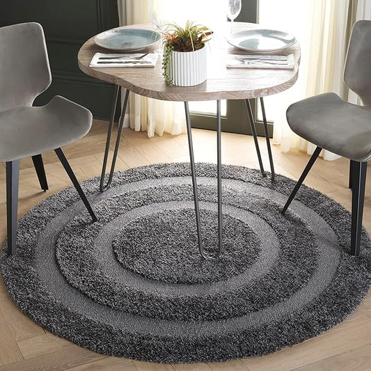 SAFAVIEH Florida Shag Collection Area Rug - 4' Round, Grey & Grey, Border Design, Non-Shedding & Easy Care, 1.2-inch Thick Ideal for High Traffic Areas in Living Room, Bedroom (SG454-8080)