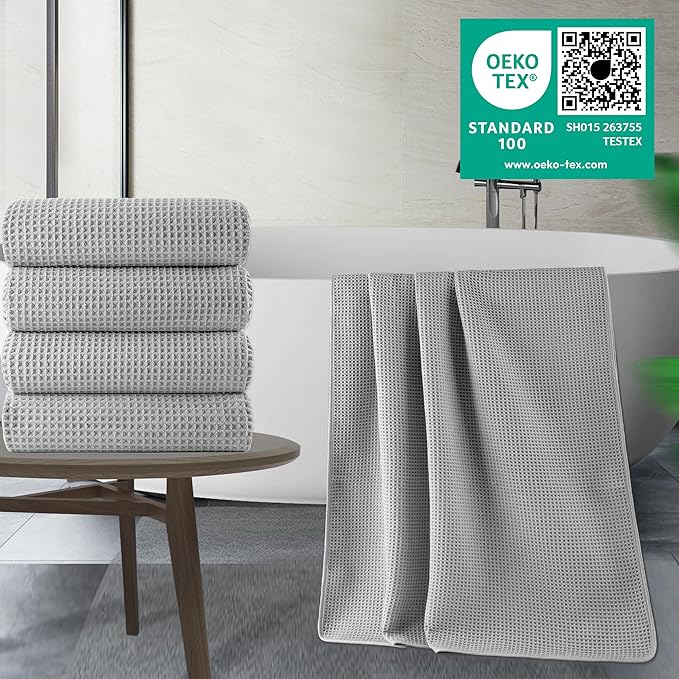 430 GSM Microfiber Oversize Quick Dry Lint Free Bath Towel, 60 x 30 in, 4 Pack (Waffle Weave)