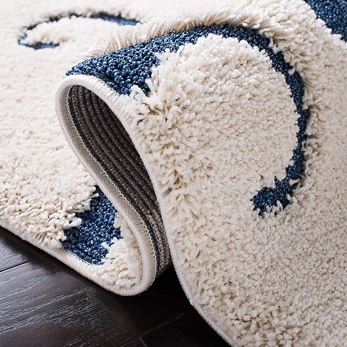 SAFAVIEH Florida Shag Collection Area Rug - 6'7" Square, Cream & Blue, Scroll Design, Non-Shedding & Easy to Clean, High-Low Plush Pile, Ideal for Living Room, Bedroom, Dining Space (SG455-1165)