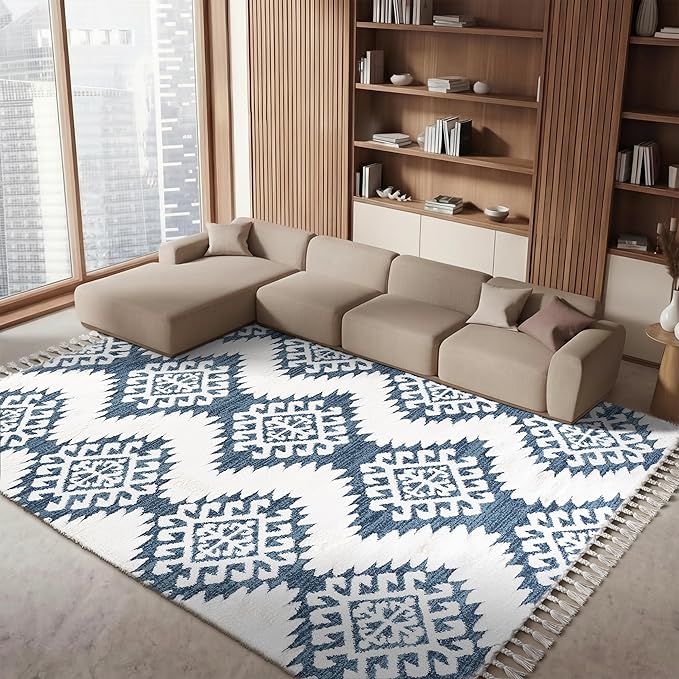 SAFAVIEH Area Rug 8x10 - Moroccan Tassel Shag Collection - Large - Blue & Ivory, Boho Design, Non-Shedding & Easy Cleaning, Plush Pile, Ideal for Living Room, Bedroom, Dining Space (MTS652M)