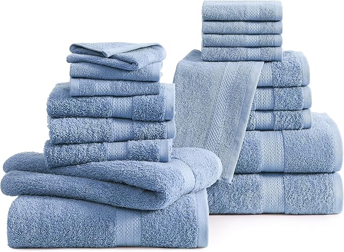 LANE LINEN 100% Cotton Bathroom Towels - 18 Piece Set - Super Soft, Quick Dry & Absorbent - 4 Bath, 8 Washcloths, 6 Hand Towels for Bathroom - Hotel Quality & Suitable for Family - Cerulean Blue