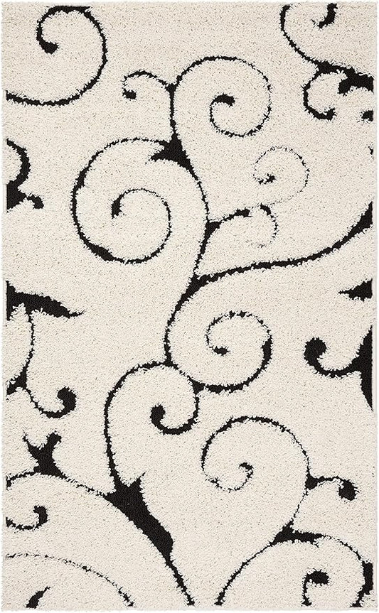 SAFAVIEH Florida Shag Collection Accent Rug - 2'3" x 5', Ivory & Black, Scroll Design, Non-Shedding & Easy Care, High-Low Plush Pile, Ideal for Bedroom, Foyer, Hallway (SG455-1290)