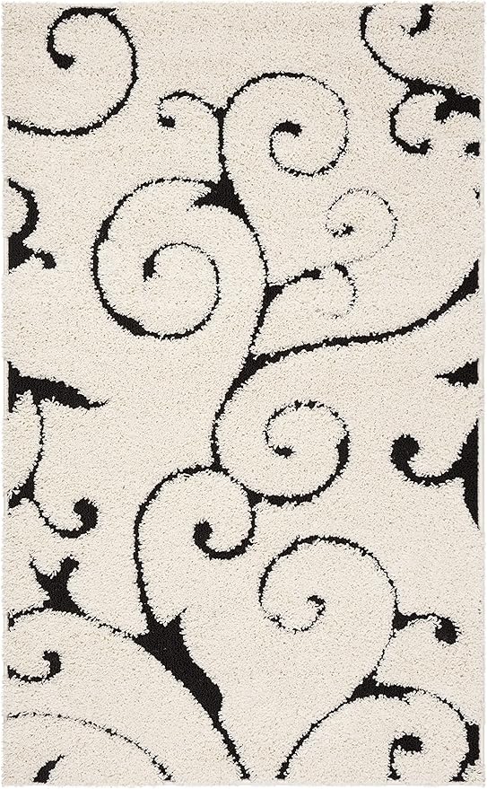 SAFAVIEH Florida Shag Collection Accent Rug - 2'3" x 4', Ivory & Black, Scroll Design, Non-Shedding & Easy Care, High-Low Plush Pile, Ideal for Bedroom, Foyer, Hallway (SG455-1290)