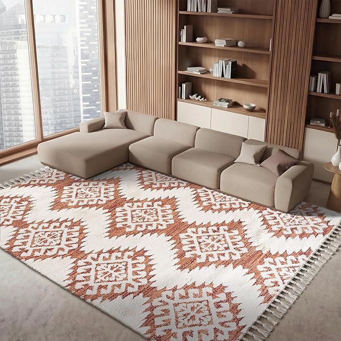 SAFAVIEH Area Rug 8x10 - Moroccan Tassel Shag Collection - Large - Orange & Ivory, Boho Design, Non-Shedding & Easy Cleaning, Plush Pile, Ideal for Living Room, Bedroom, Dining Space (MTS652P)