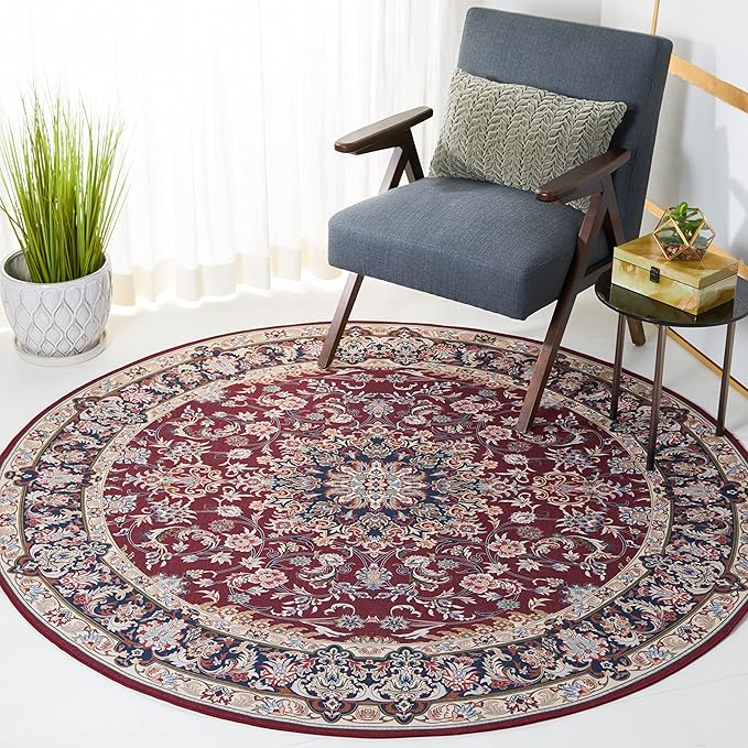 SAFAVIEH Washable Rug Tucson Collection - 4' Round, Red & Navy, Slip Resistant & Easy to Clean, Ideal for Foyer, Kitchen, Nursery, Office, Bedroom (TSN135Q)