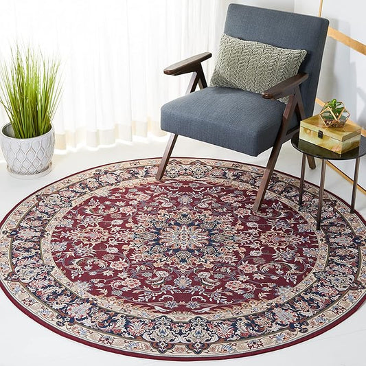 SAFAVIEH Washable Rug Tucson Collection - 8' Round, Red & Navy, Slip Resistant & Easy to Clean, Ideal for Living Room, Bedroom, Dining Space (TSN135Q)