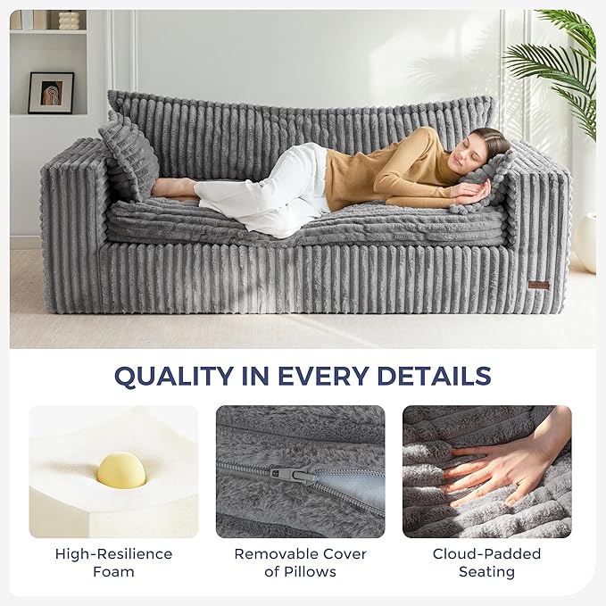 MAXYOYO 76" Bean Bag Sofa Couch, Loveseat Boneless Couch in a Box, Upholstered Small Mini Sofa with Deep Seating for Living Room Bedroom Office Apartment, No Assembly, Dark Grey