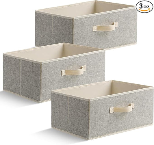 15.7 Inch Storage Baskets, Woven Fabric Bins, Storage Cubes with Reinforced Handles, Organizer Bins for Closet Shelves, Foldable, for Clothes (Beige, 3PCS/15.7*11*7.8inch)