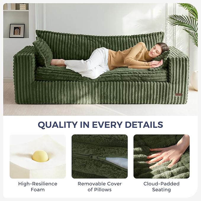 MAXYOYO 76" Bean Bag Sofa Couch, Loveseat Boneless Couch in a Box, Upholstered Small Mini Sofa for Living Room Bedroom Office Apartment, No Assembly, Green