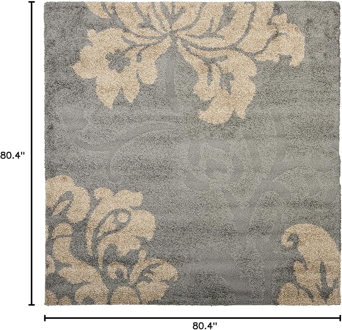 SAFAVIEH Florida Shag Collection Area Rug - 6'7" Square, Grey & Beige, Floral Design, Non-Shedding & Easy Care, 1.2-inch Thick Ideal for High Traffic Areas in Living Room, Bedroom (SG458-8013)
