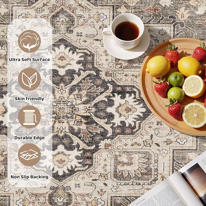 6ft Round Vintage Living Room Area Rug - 6x6 Large Soft Washable Oriental Traditional Distressed Farmhouse Rugs for Bedroom - Indoor Floor Accent Carpet for Home Office House Decor - Brown