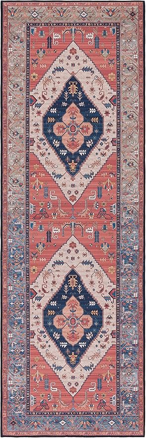 SAFAVIEH Washable Rug Tucson Collection - 2'6" x 14' Runner, Rust & Blue, Slip Resistant & Easy to Clean, Ideal for Living Room, Hallway, Foyer, Entryway, Bedroom (TSN153P)