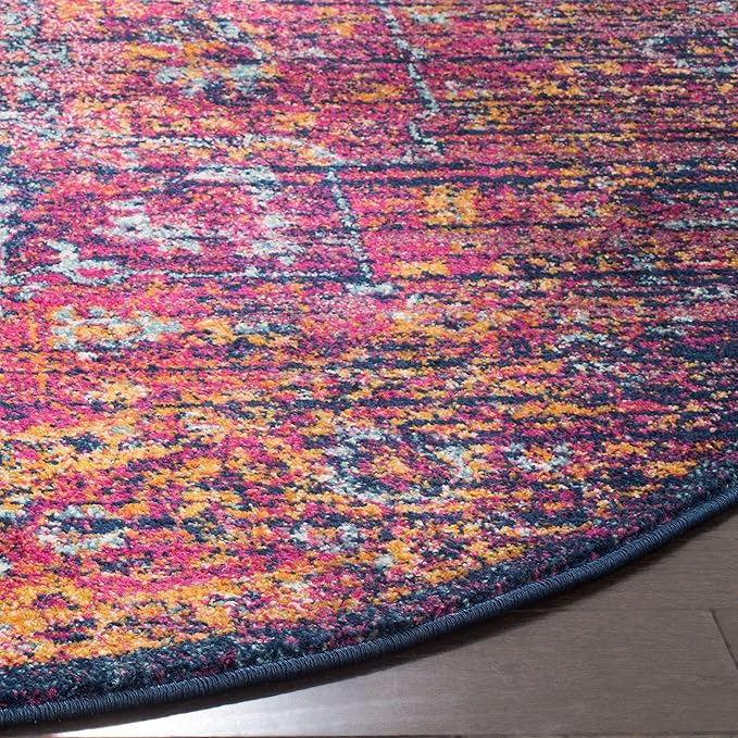 SAFAVIEH Evoke Collection Area Rug - 3' Round, Blue & Fuchsia, Oriental Medallion Distressed Design, Non-Shedding & Easy Care, Ideal for High Traffic Areas in Living Room, Bedroom (EVK275F)