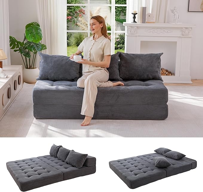 MAXYOYO Folding Sofa Couch, Convertible Floor Sleeper Couch with 3 Pillows, Tufted Floor Oversized Loveseat Couch Tufted Fold Out Chair Bed Comfy Sofa Lounge for Living Room Bedroom, Dark Grey