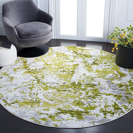 SAFAVIEH Skyler Collection 6'7" Round Grey/Green SKY186Y Modern Abstract Non-Shedding Entryway Foyer Living Room Bedroom Kitchen Area Rug