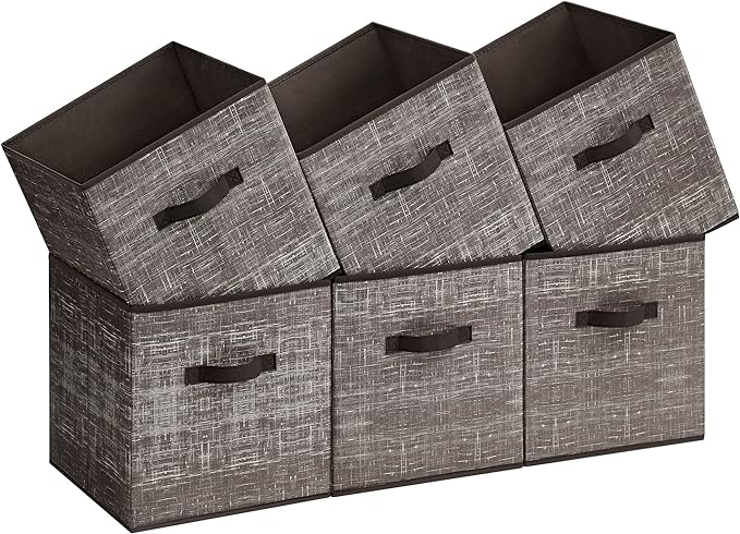 SONGMICS Storage Cubes, 13-Inch Non-Woven Fabric Bins with Double Handles, Set of 6, Closet Organizers for Shelves, Foldable, for Clothes, Walnut Color UROB033K02