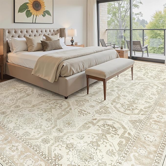 10x14 Area Rugs for Living Room, Non Slip Machine Washable Vintage Rugs, Low Pile Lightweight Large Rug for Bedroom, Dining Room, Home Office Beige/Brown