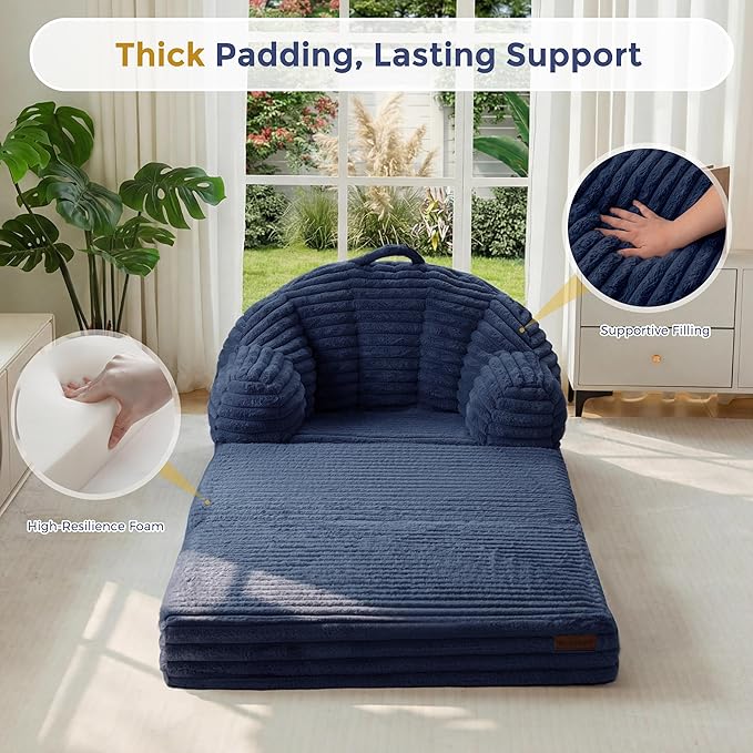 MAXYOYO Folding Sofa Bed, 2 in 1 Convertible Sofa to Lounger Comfy Faux Fur Bean Bag Chair for Adults, Floor Single Sleeper Couch Chair with Handle, Couch Bed for Living Room Bedroom, Navy