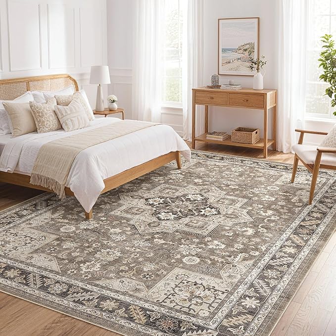 Vintage Living Room Area Rug 10x12 - Large Soft Washable Oriental Traditional Distressed Farmhouse Rugs for Bedroom - Indoor Floor Accent Carpet for Home Office House Decor - Brown