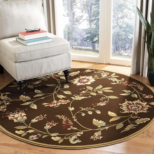 SAFAVIEH Lyndhurst Collection Area Rug - 5'3" Round, Brown & Multi, Traditional Floral Design, Non-Shedding & Easy Care, Ideal for High Traffic Areas in Living Room, Bedroom (LNH552-2591)