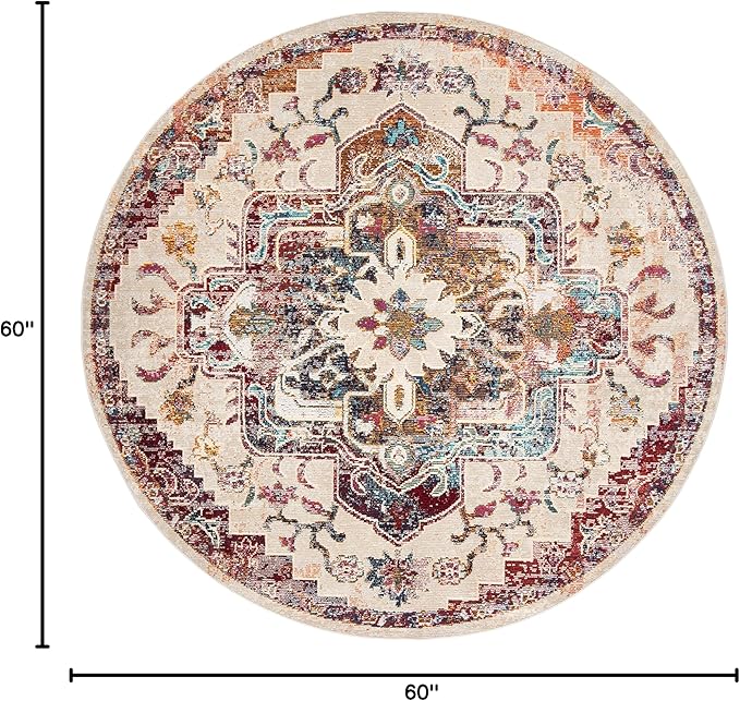SAFAVIEH Crystal Collection Area Rug - 5' Round, Light Blue & Burgundy, Medallion Distressed Design, Non-Shedding & Easy Care, Ideal for High Traffic Areas in Living Room, Bedroom (CRS501F)