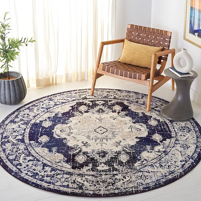 SAFAVIEH Monaco Collection Area Rug - 3' x 5', Ivory & Navy, Non-Shedding & Easy to Clean, Distressed Medallion Design, Ideal for Living Room, Bedroom, Dining Space (MNC243C)