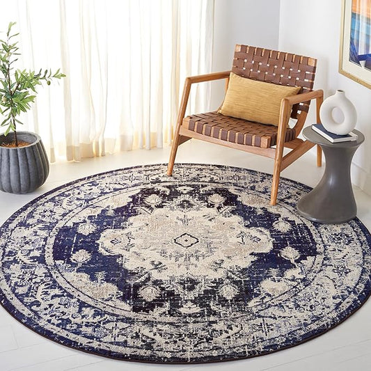 SAFAVIEH Monaco Collection Area Rug - 3' x 5', Ivory & Navy, Non-Shedding & Easy to Clean, Distressed Medallion Design, Ideal for Living Room, Bedroom, Dining Space (MNC243C)