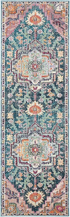 SAFAVIEH Crystal Collection Runner Rug - 2'2" x 17', Teal & Rose, Medallion Distressed Design, Non-Shedding & Easy Care, Ideal for High Traffic Areas in Living Room, Bedroom (CRS501T)