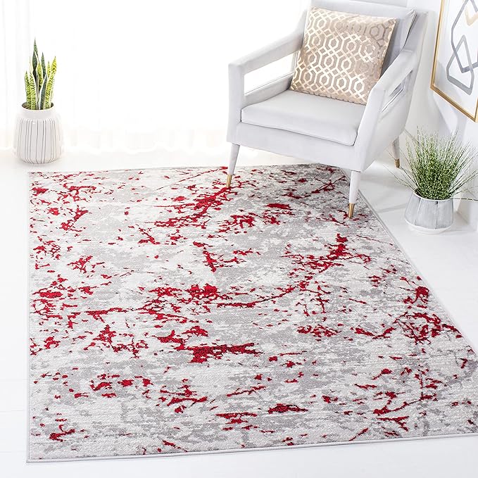 SAFAVIEH Skyler Collection 4' x 6' Grey/Red SKY186Q Modern Abstract Non-Shedding Entryway Living Room Foyer Bedroom Accent Rug