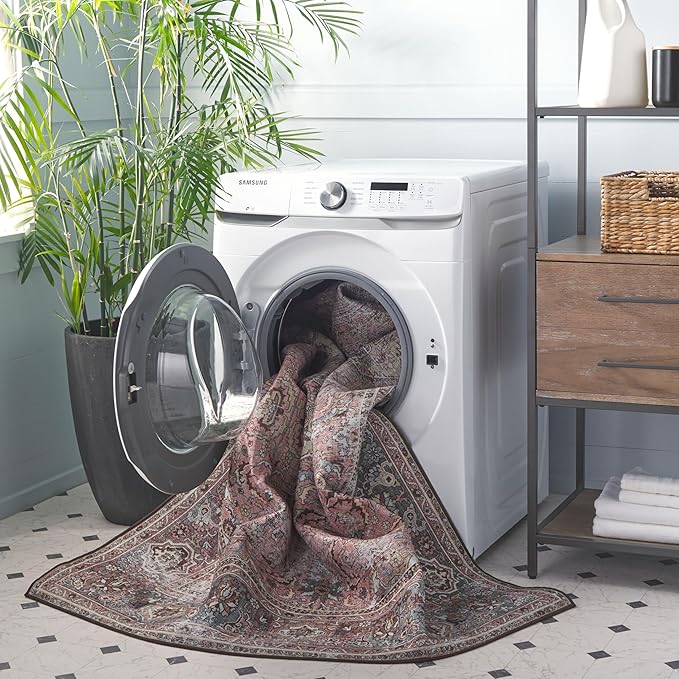 SAFAVIEH Washable Rug Tucson Collection - 2'6' x 8' Runner, Pink & Beige, Slip Resistant & Easy to Clean, Ideal for Hallway, Foyer, Entryway, Bedroom (TSN144U)