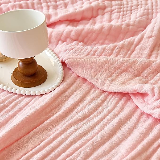 SANACYNA 100% Cotton Muslin Blanket King 6-Layer Gauze Pink Bed Blanket Lightweight Soft and Breathable Blanket for Sofa Couch Coverlet Farmhouse Decor Both Sides (Pink, King 90" X 104")
