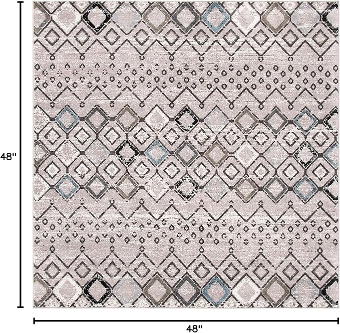 SAFAVIEH Amsterdam Collection Area Rug - 4' Square, Light Grey & Brown, Moroccan Boho Design, Non-Shedding & Easy Cleaning, Ideal for Living Room, Bedroom, Dining Space (AMS108F)