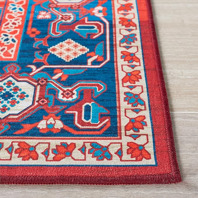 SAFAVIEH Washable Rug Tucson Collection - 5' x 8', Red & Blue, Slip Resistant & Easy to Clean, Ideal for Living Room, Bedroom, Dining Space (TSN101Q)